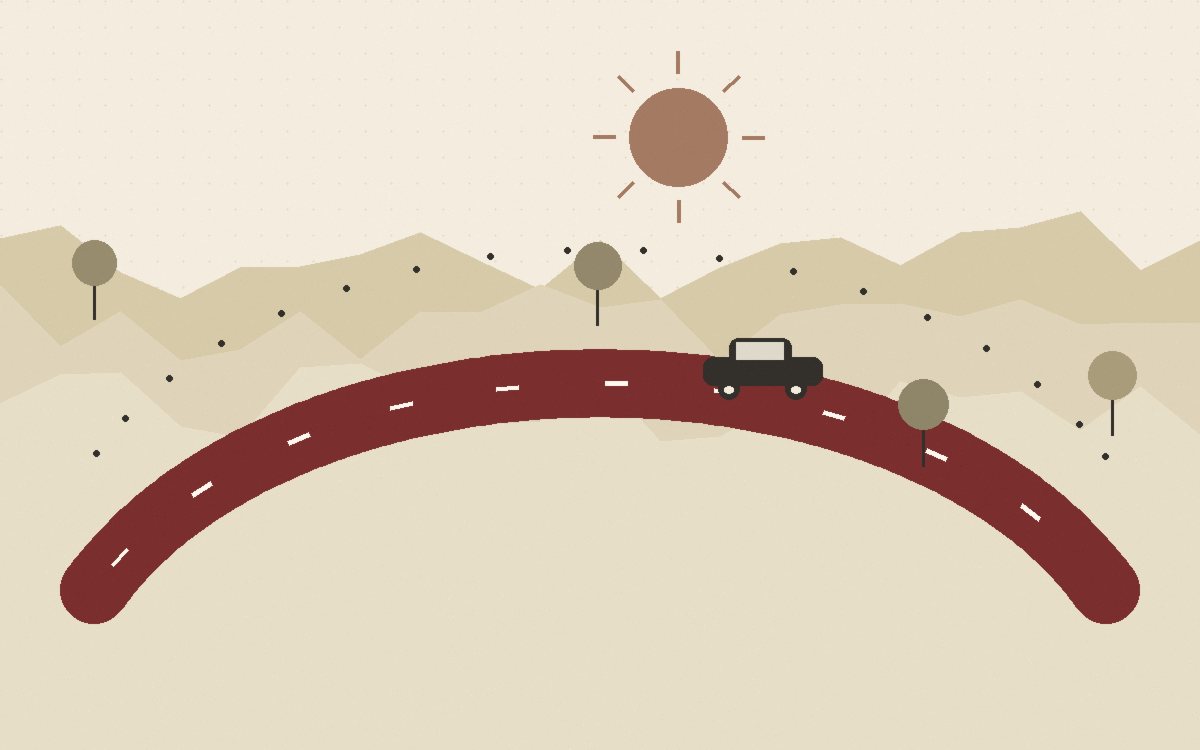 A two-lane road curving through low hills on a map-paper background
